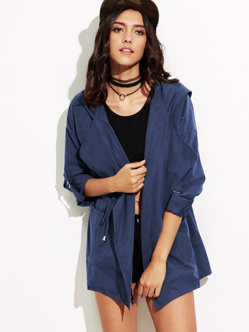 

Roll-Up Sleeve Drawstring Hooded Coat, Navy, Camila