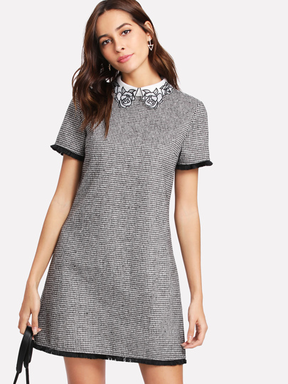 Contrast Collar Fringe Trim Houndstooth Dress