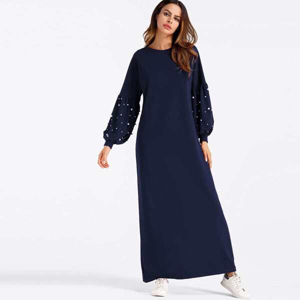 

Lantern Sleeve Pearl Beaded Full Length Dress