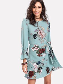Trumpet Sleeve Ruffled Overlap Dress