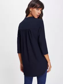 SHEIN LUNE Roll Tab Sleeve Curved Hem Shirt - Navy Blue - View 2