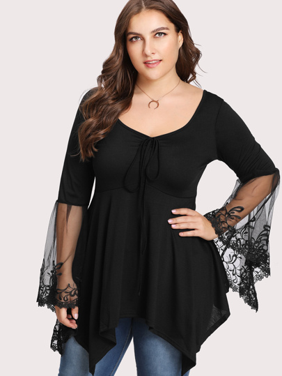 Plus V Neckline Mesh Panel Lace Trim Top