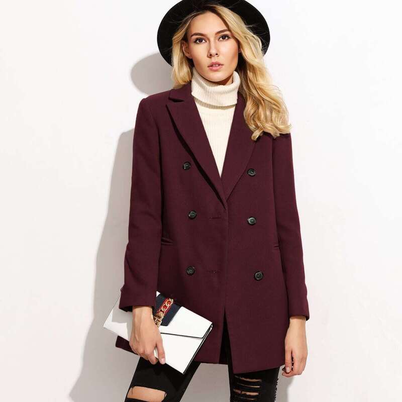 

Double Breasted Coat With Welt Pocket, Burgundy