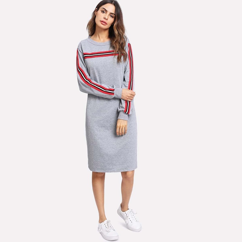 

Contrast Stripe Sleeve Sweatshirt Dress, Grey