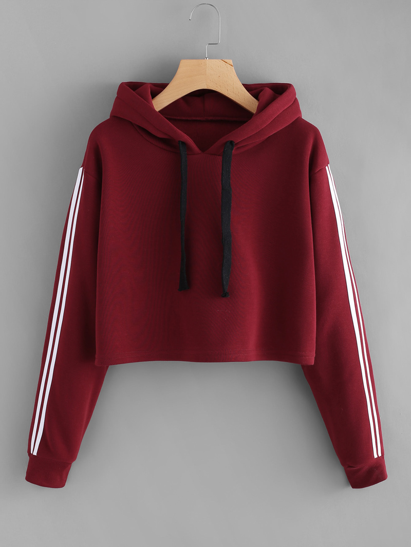 

Striped Sleeve Crop Hoodie, Burgundy