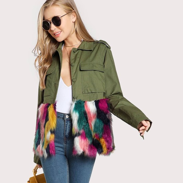 

Colorful Faux Fur Trim Utility Jacket, Multicolor