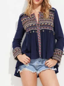 SHEIN Tribal Embroidered Dip Hem Smock Top - Multicolor - View 1