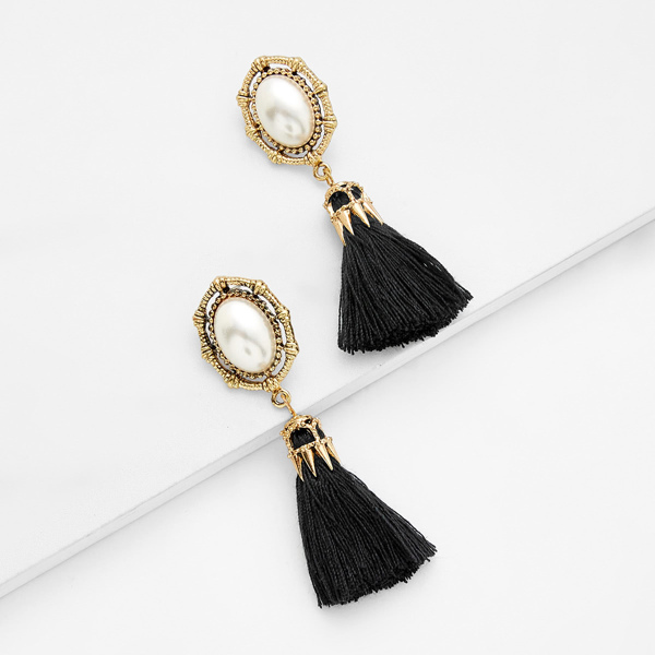 

Faux Pearl Top Tassel Drop Earrings 1pair, Black