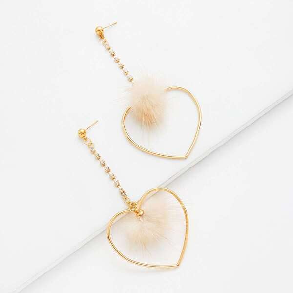 

Heart & Pom Pom Design Drop Earrings 1pair