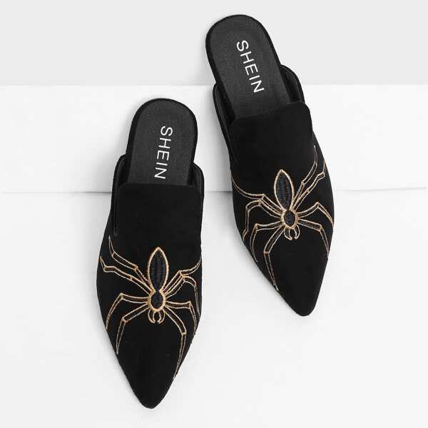 

Spider Embroidery Suede Flat Mules, Black