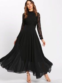 Lace Contrast Mesh Pleated High Waist Dress