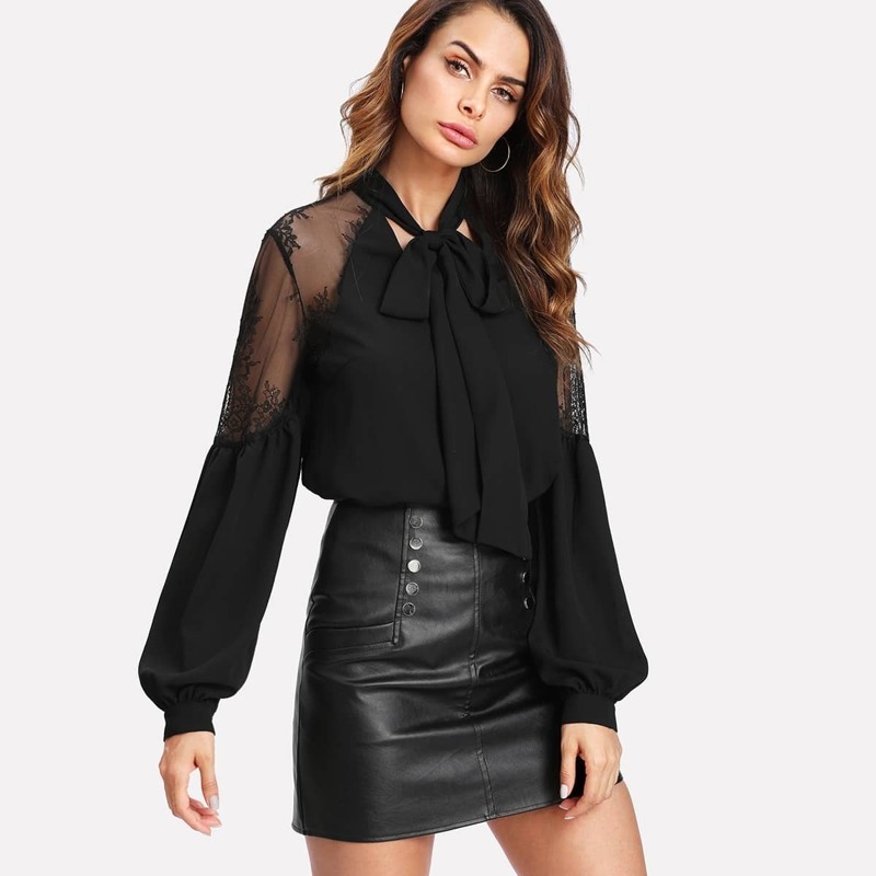 

Tie Neck Lace Panel Lantern Sleeve Blouse, Black