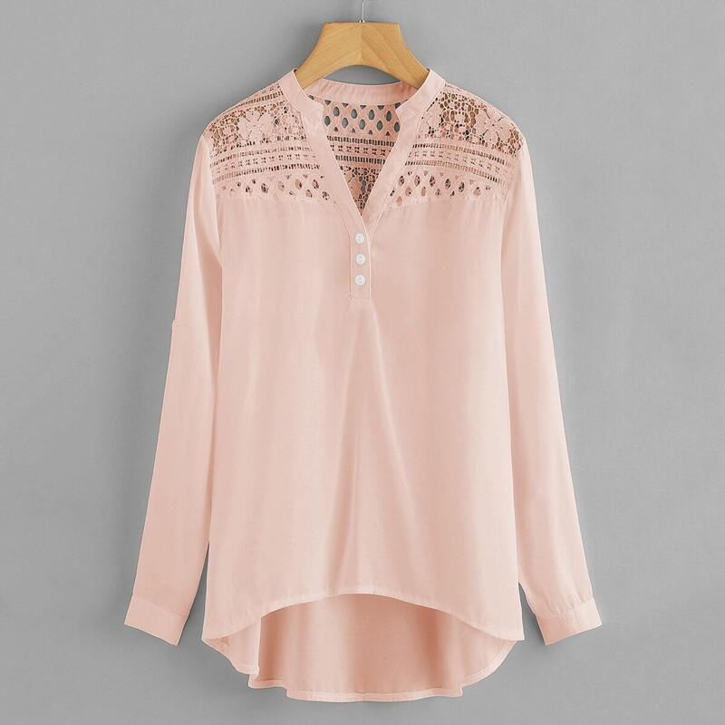 

Hollow Out Lace Yoke Dip Hem Chiffon Blouse, Pink