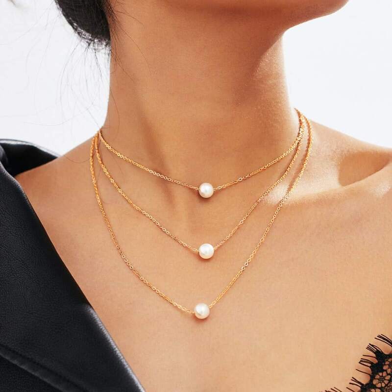 

Faux Pearl Pendant Layered Link Necklace, Gold