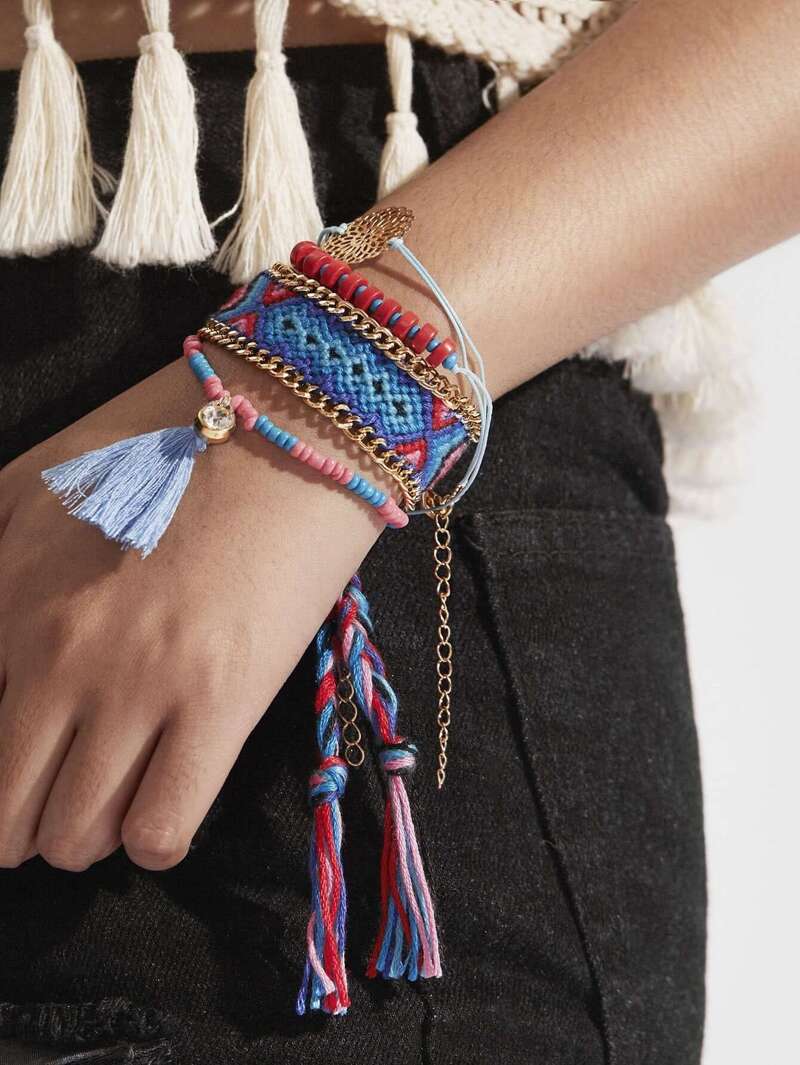

Tassel Detail Beaded & Woven Bracelet Set, Multicolor