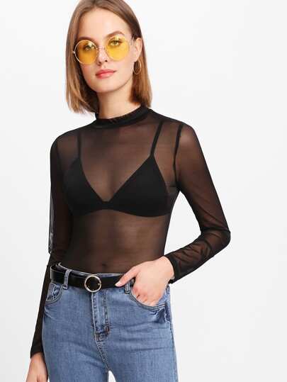 SHEIN BAE Sheer Mesh Mock Neck Top, Going Out Top