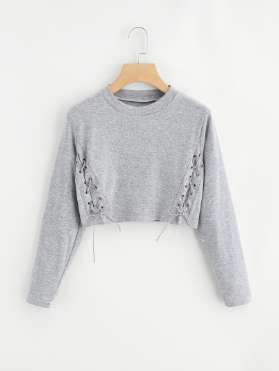 Eyelet Lace Up Ribbed Crop Tee