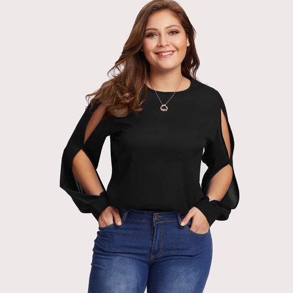 

Plus Split Sleeve Keyhole Back Chiffon Top