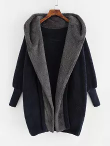 Contrast Hood Plush Teddy Coat - Navy Blue - View 1