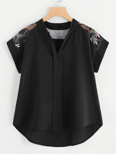 Hollow Out Lace Panel Dip Hem Blouse