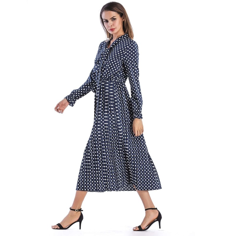

Bow Tie Neck Spot Pleated Dress, Multicolor