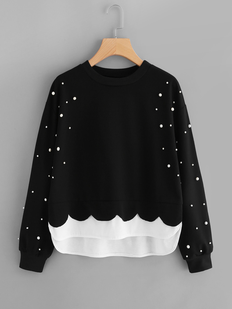 

Pearl Beaded Contrast Hem 2 In 1 Sweatshirt, Black and white