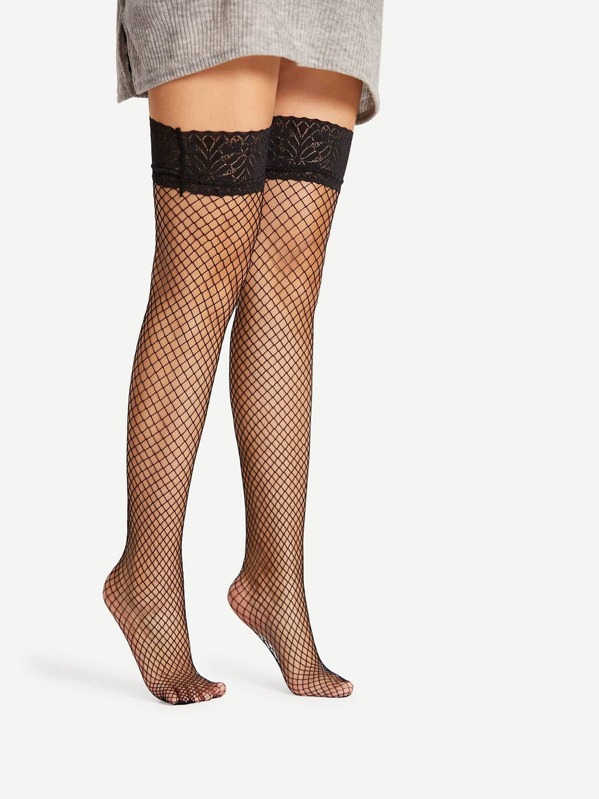 

Over The Knee Lace Trim Fishnet Socks, Black