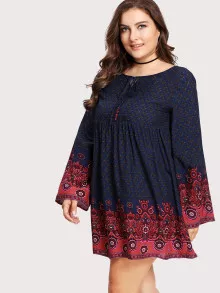 SHEIN Plus Tie Neck Ornate Print Dress - Multicolor - View 4
