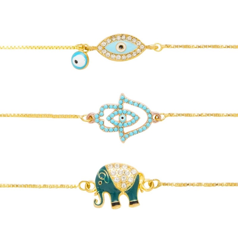 

Eye & Elephant Design Link Bracelet Set 3pcs, Gold