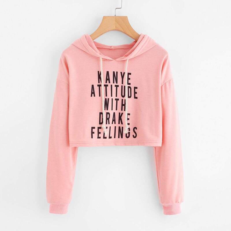 Drop Shoulder Slogan Print Crop Hoodie, Pink