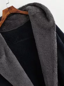 Contrast Hood Plush Teddy Coat - Navy Blue - View 3