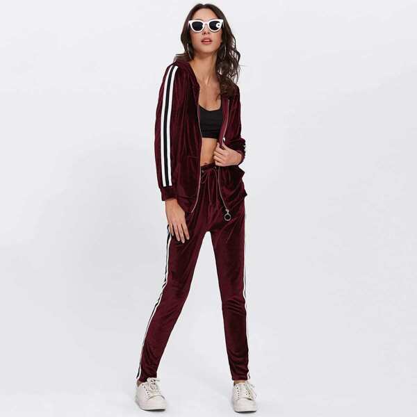 

Contrast Stripe Side Velvet Hoodie And Pants