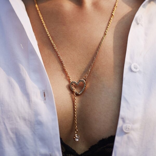 

Rhinestone Heart Design Chain Necklace, Gold