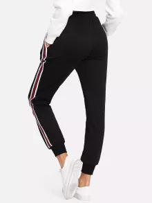 SHEIN Essnce Striped Tape Side Drawstring Joggers - Black - View 2