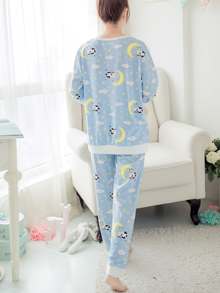 Contrast Trim Cartoon Print Pullover & Pants Pj Set - Baby Blue - View 2