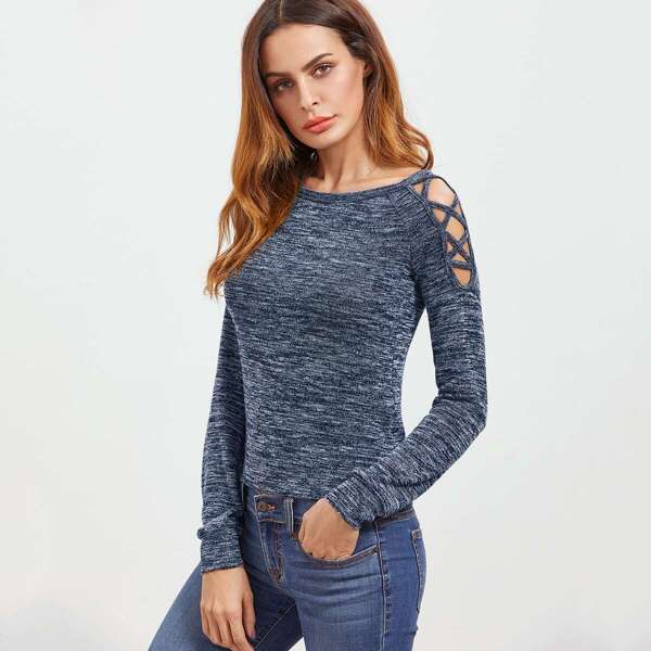 

Crisscross Open Shoulder Marled T-shirt