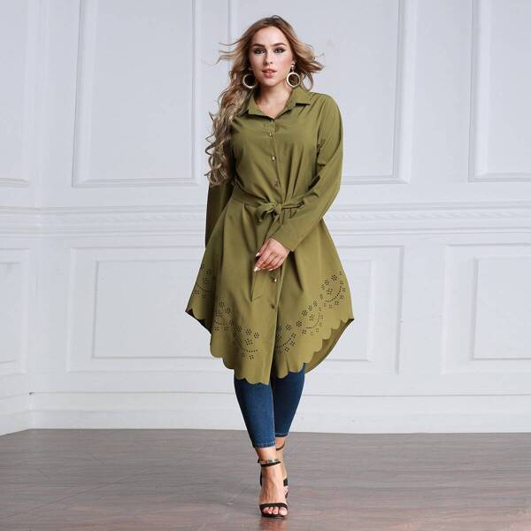 

Plus Scalloped Hem Laser Cut Self Tie Waist Shirt Dress, Green