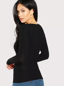 SHEIN Scoop Neck Rib Henley Shirt - Black - View 2