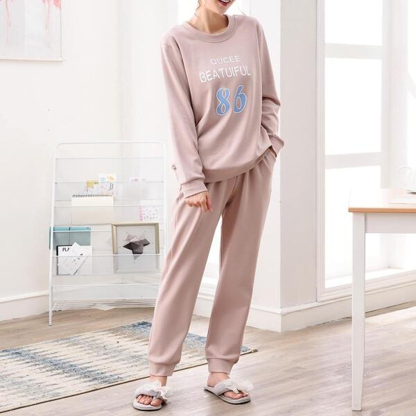 

Letter Print Pullover & Pants Pj Set