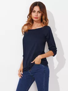 SHEIN Raw Cut Solid Tee - Navy Blue - View 4