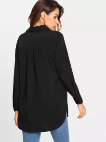 SHEIN LUNE Pocket Patched Curved Hem Blouse - Black - View 2