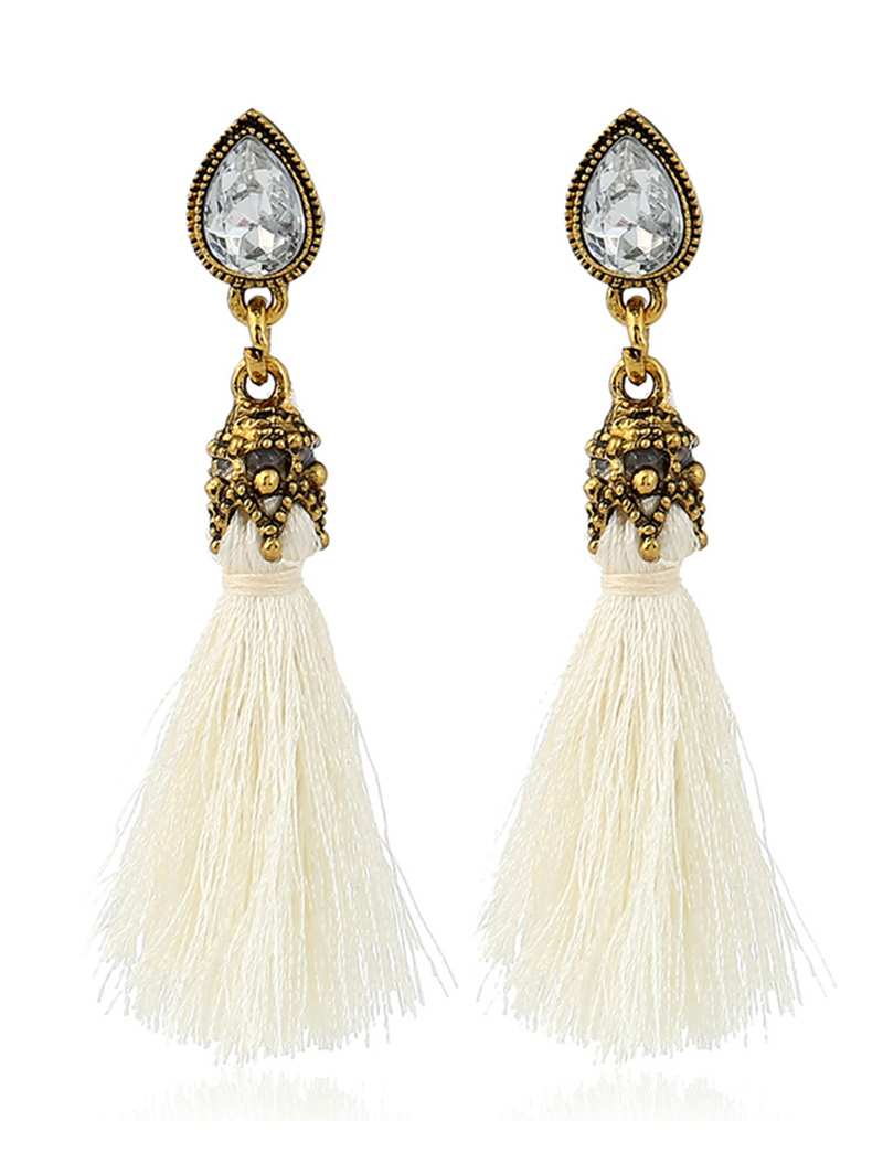 

Water Drop Rhinestone Detail Tassel Earrings, White