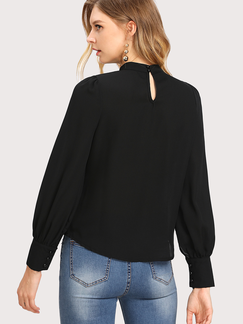 Button Cuff Gathered Neck Top Winter Elegant Black Spring