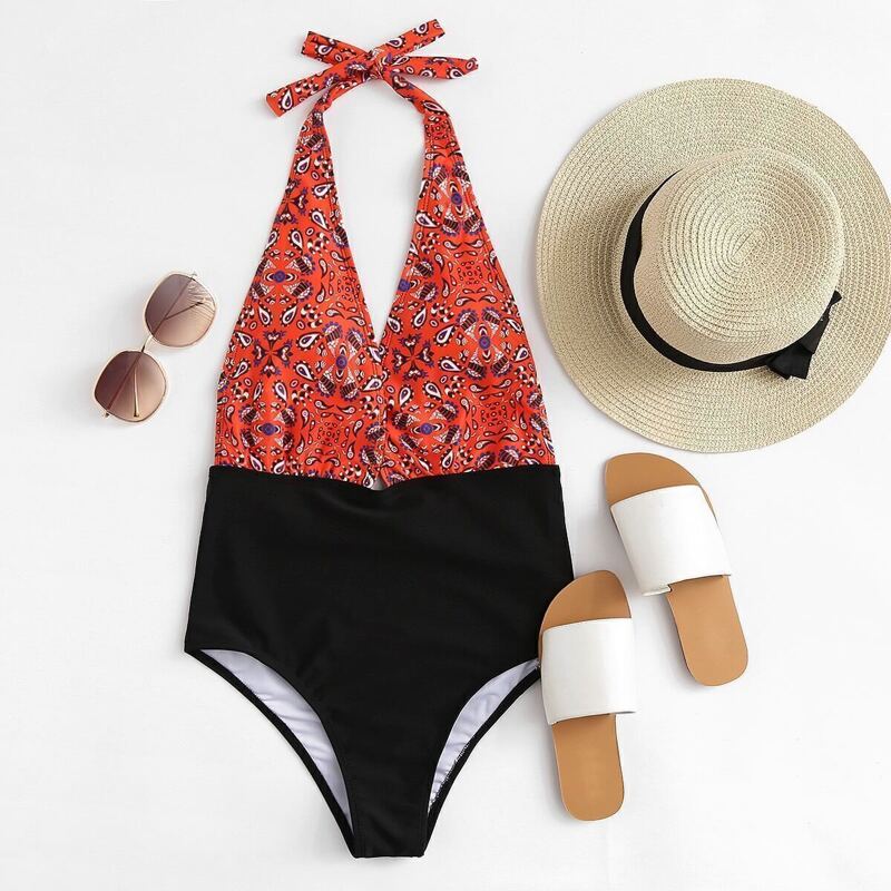 

Open Back Colorblock Halter Monokini, Multicolor