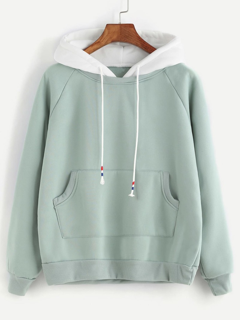 

Pale Green Raglan Sleeve Pocket Sweatshirt With Contrast Hood
