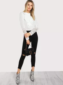 SHEIN Guipure Lace Sleeve Jabot Top - White - View 4