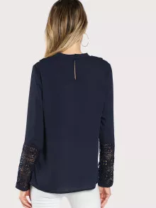 SHEIN Jabot Collar Guipure Lace Cuff Top - Navy Blue - View 2