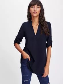 SHEIN LUNE Roll Tab Sleeve Curved Hem Shirt - Navy Blue - View 1