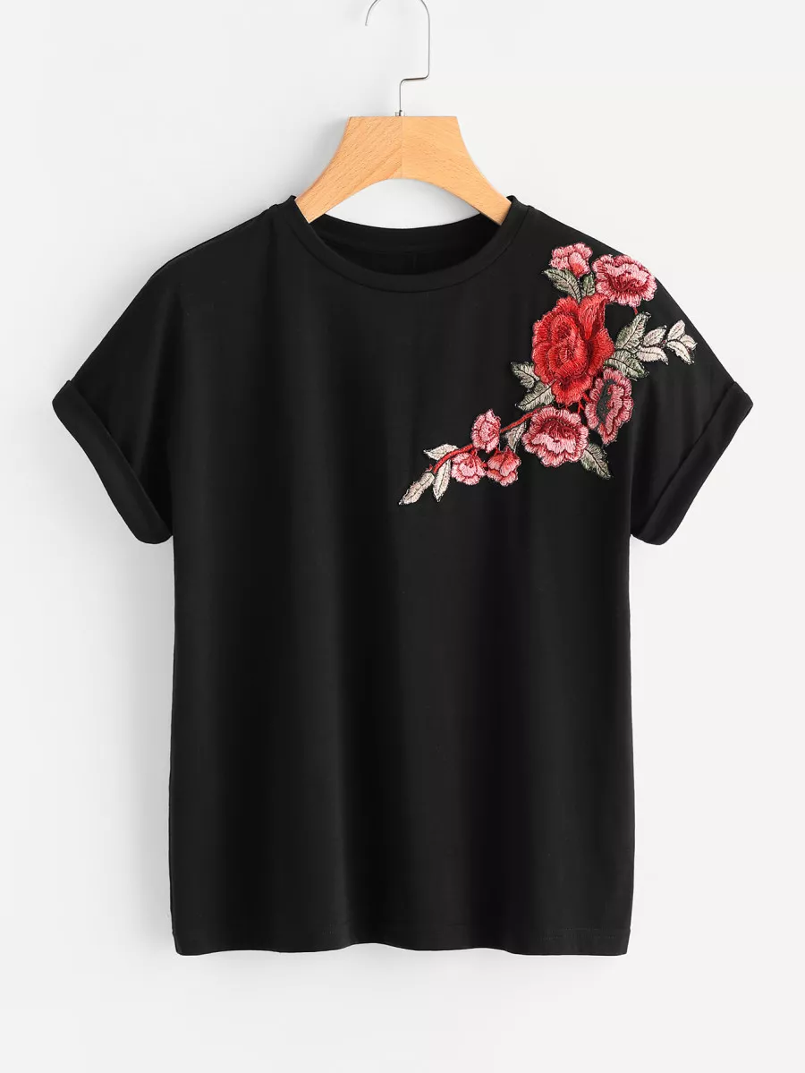 SHEIN Clasi Flower Embroidery Cuffed Sleeve Tee - Black - View 1