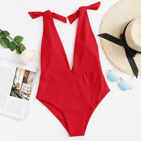 

Plunging Self Tie One Piece Swimsuit